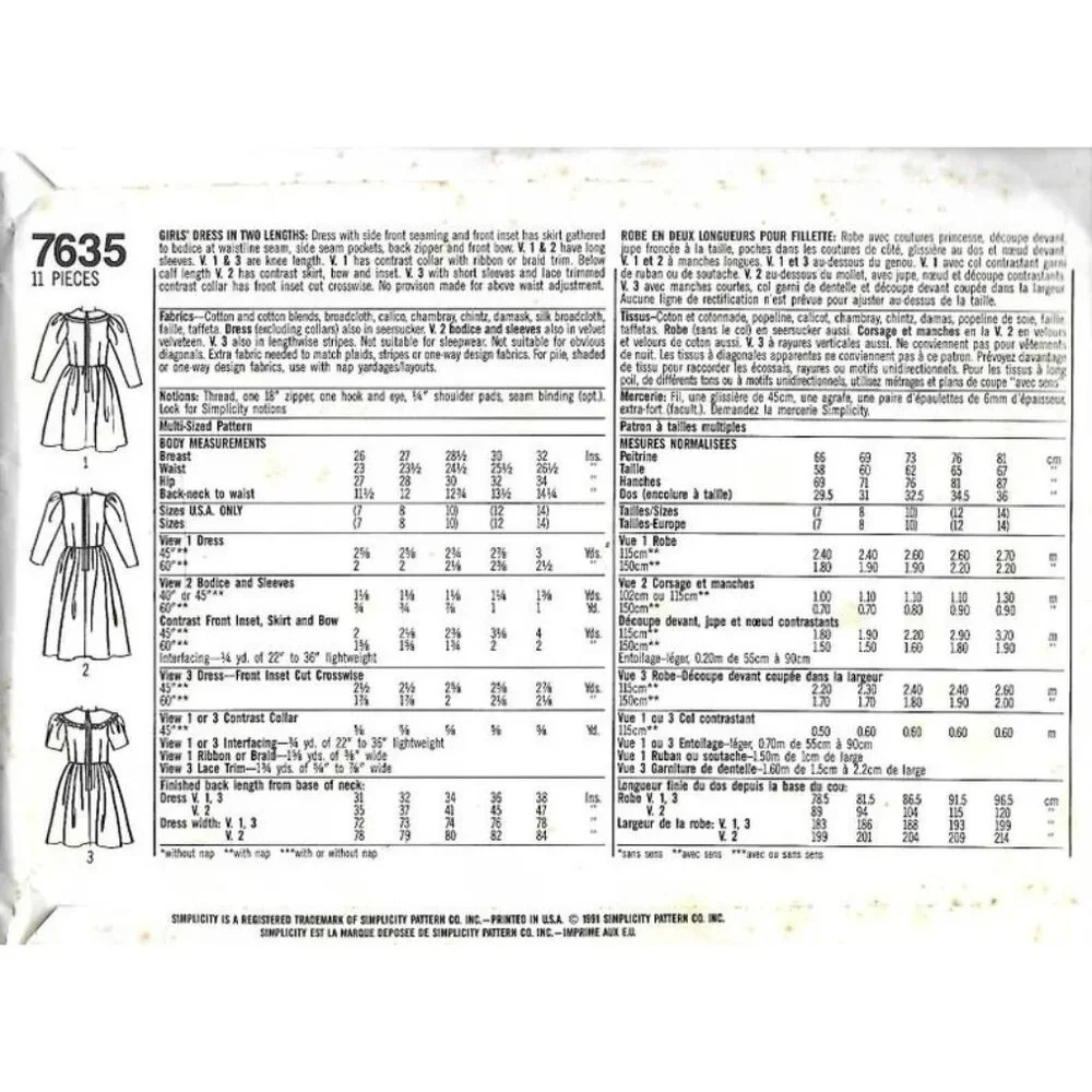 Simplicity Sewing Pattern 7635 Girls Dress Size 7-10 Bow‎ Front